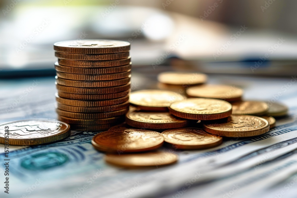 Poster stacked coins and scattered currency notes on a blurred background showcasing finance and investment