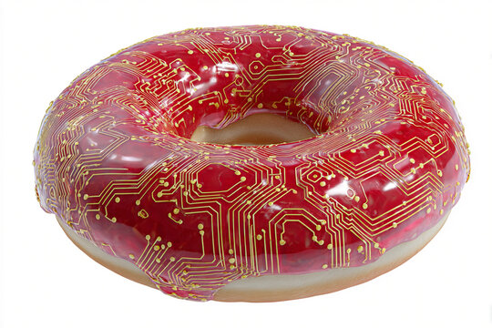 A photorealistic donut with cyberpunk-inspired red glaze and neon yellow circuit patterns