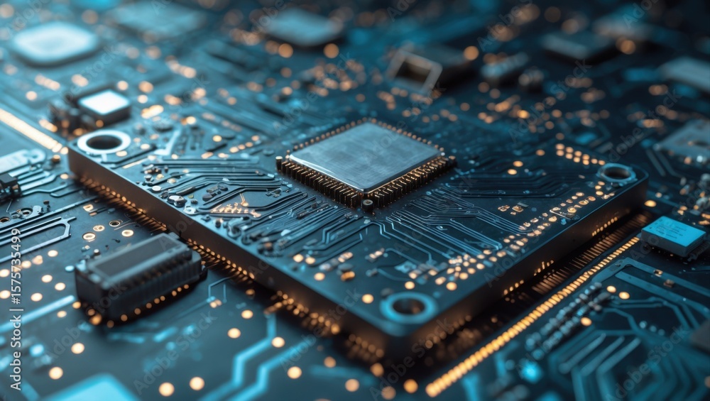 Poster close-up of a modern microchip on a circuit board illuminated by soft blue and orange lights
