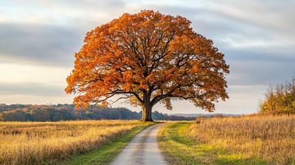 Naklejka premium Autumn tree golden field road