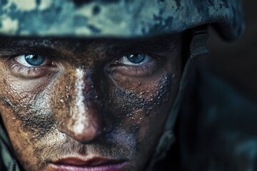 Intense Portrait of Soldier with Blue Eyes and Camouflage Makeup for Military and Battle Themes in High Resolution