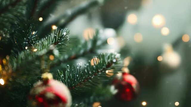 Red christmas ball hanging on snowy christmas tree with lights
