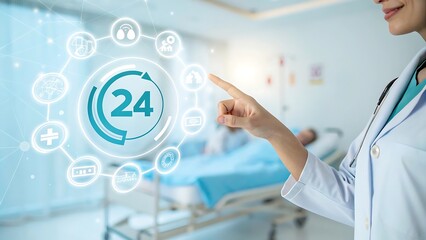 Doctor’s Hand Interacting with Futuristic 24/7 Medical Holographic Interface