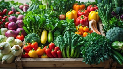 A vibrant assortment of fresh vegetables including peppers, greens, and root vegetables arranged neatly in wooden crates