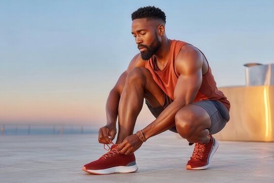 Athletic man tying shoelaces during an outdoor workout session at sunrise