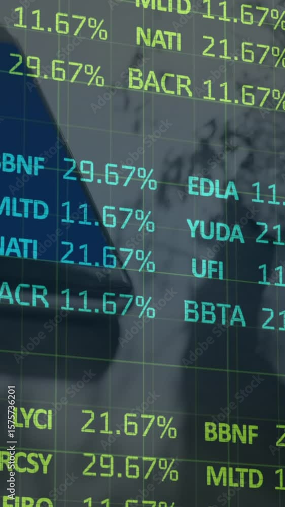 Poster animation of stock market data processing against close up of a smartphone