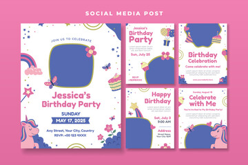 Colorful and cute birthday social media post template designed for kids&rsquo; party invitations. Perfect for promoting children&rsquo;s birthday celebrations on Social Media or digital flyers.