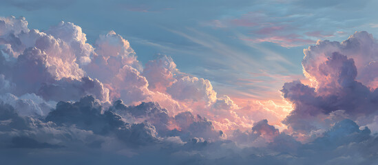 Dreamy Romantic Sky scape - beautiful wide peach and dusky pale blue sky and cloud scape with a burst of sunlight emerging from under the cloud base with plenty of copy space