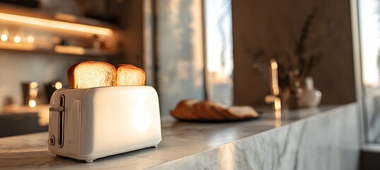 Bread toaster placed right, modern counter blurred, left side clean 