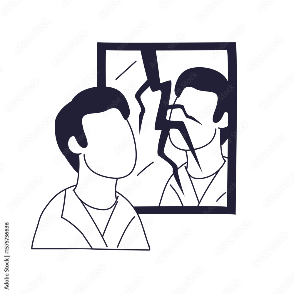 Poster a faceless person sees a distorted reflection in a broken mirror, symbolizing a fractured self-image