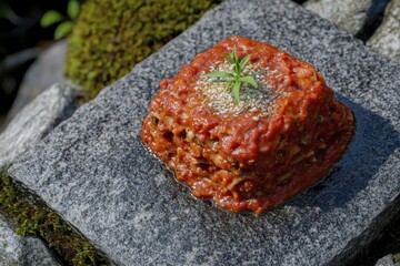 Gourmet vegan eggplant lasagna on stone surface with fresh herbs and seed garnish in natural light