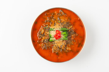  Eel soup is a spicy stew made with chopped eel, dried radish greens, dried pollack, bracken, green onions, and red peppers.
 