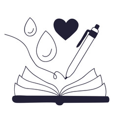 Minimalist line art of a pen writing in a journal. A heart and teardrops float above, symbolizing emotional expression, love, and sadness through writing or diary keeping.