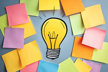 Light Bulb Surrounded by Colorful Sticky Notes
