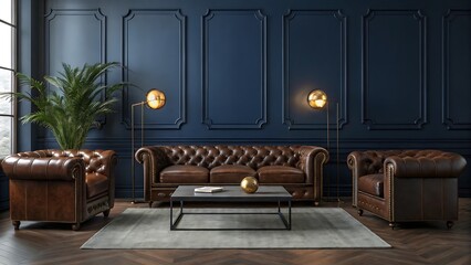 Luxury brown leather sofa and armchairs in a modern living room
