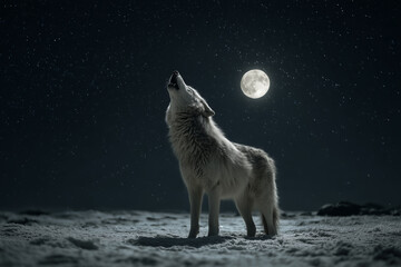Lone Wolf Howling in Moonlit Snow Scene
