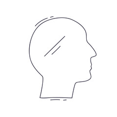 A minimalist line art icon of a person's head in profile. This simple outline symbolizes concepts like thought, psychology, identity, and the human mind.
