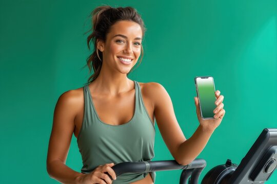 Smiling woman on exercise bike holding smartphone against green background - Powered by Adobe