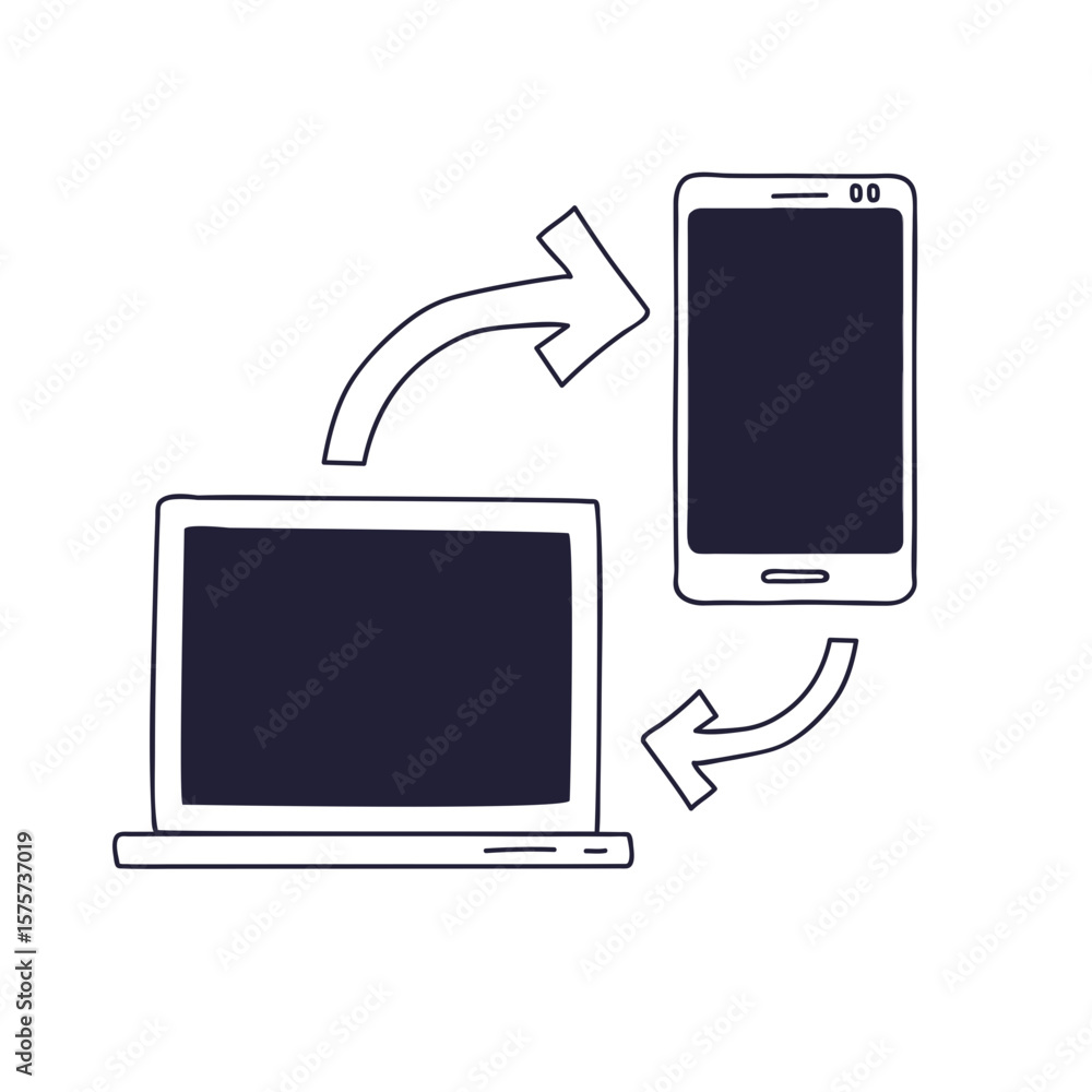 Poster a hand-drawn illustration of a laptop and smartphone with arrows indicating data transfer or synchro