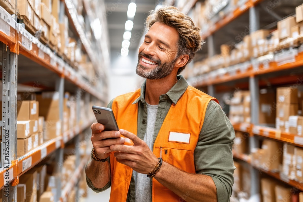 Aufkleber warehouse worker smiling while managing inventory using smartphone technology