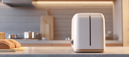 Bread toaster placed right, modern counter blurred, left side clean 