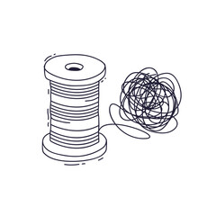 A hand-drawn spool of thread unraveling into a tangled, chaotic mess. This doodle symbolizes confusion, complexity, anxiety, and the process of things getting out of control.