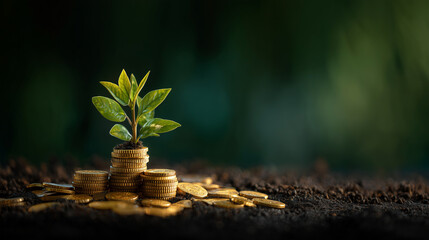 Seedling Sprouting from Soil with Coin Stack
