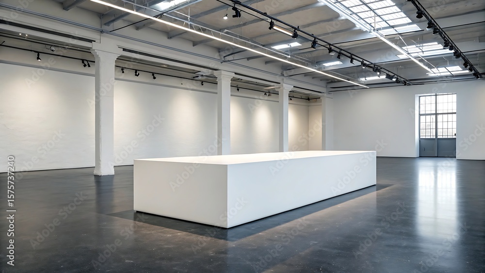 Poster modern empty gallery interior with white walls and a long rectangular display
