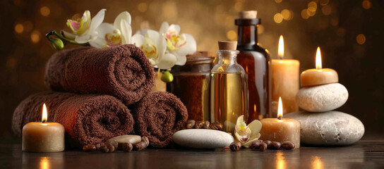 Spa Setup with Towels, Candles, and Massage Oils