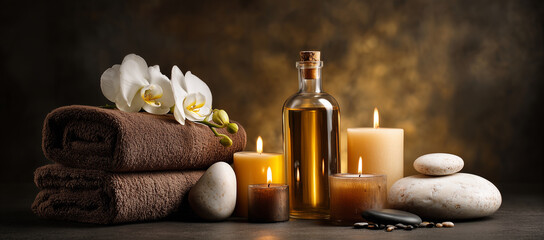 Spa Still Life with Candles, Bottles, and Towels