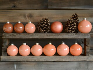 Rustic Peach Christmas Ornaments on Wooden Shelf