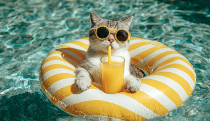 Stylish Cat Lounging in Inflatable Pool Ring
