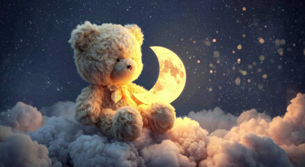 Teddy Bear Sitting on Clouds Holding the Moon