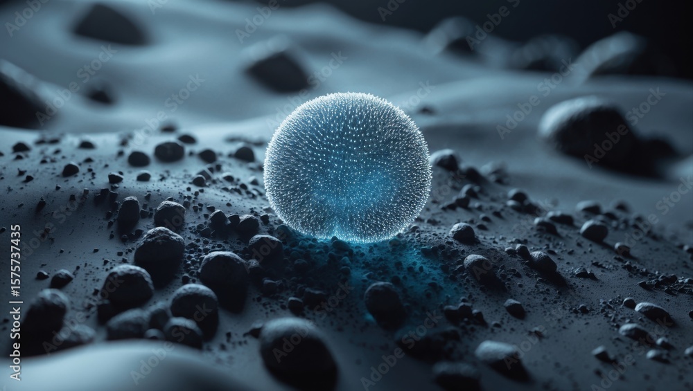 Poster a luminous sphere surrounded by textured particles on a dark surface, creating a futuristic atmosphe