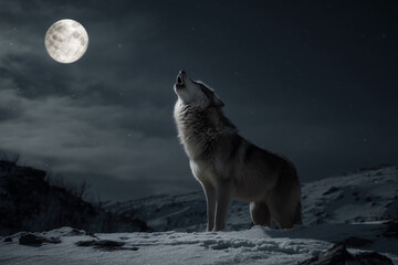 Wolf Howling at Full Moon in Snowy Forest