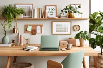 Fototapeta premium Minimalist workspace with greenery, wooden desk, laptop, and accessories