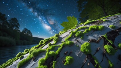 A moss-covered log near a river under a starry night sky, highlighting vibrant green textures