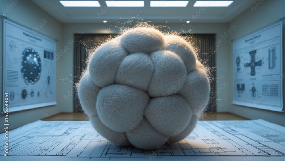 Poster a spherical cluster of textured elements emitting light in a modern scientific environment