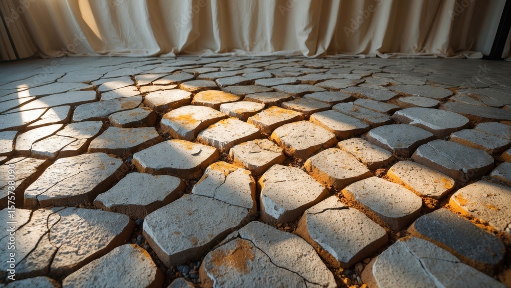 Poster sunlight illuminating cracked clay floor with soft drapery in the background, creating a serene atmo