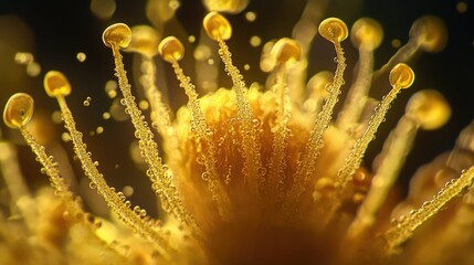 Close up of a golden flower with dew drops on its stamens and a dark blurred background behind it