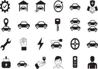 Fototapeta premium Collection of car related icons depicting services and features in black and white