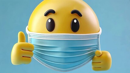 A smiling emoji wearing a blue face mask gives a thumbs up. The background is a light blue color, conveying a positive and safe atmosphere. - Powered by Adobe