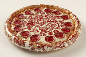 A photorealistic pizza with ceramic-inspired red and gold Chinese patterns on cheese