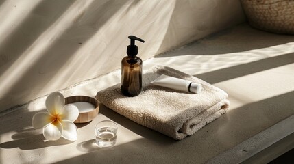 Tranquil Spa Retreat: Sunlight Illuminates Beauty and Wellness Essentials on a Serene Countertop, Promising Relaxation and Rejuvenation in a Peaceful Environment.