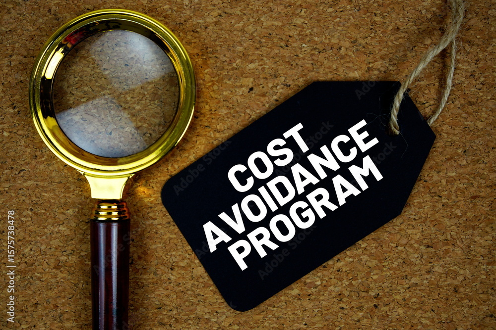 Aufkleber cost avoidance program text on price tag with magnifying glass on cork board background