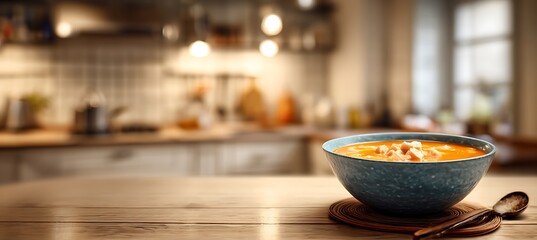 Bowl of soup placed on one side, warm home kitchen background blurred, space clear for branding 