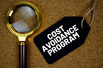 Cost Avoidance Program text on price tag with magnifying glass on cork board background