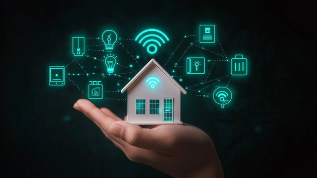 3D vector illustration of a smart home connected to a cloud network, featuring various IoT devices and automation technologies.  IOT or internet of things house system