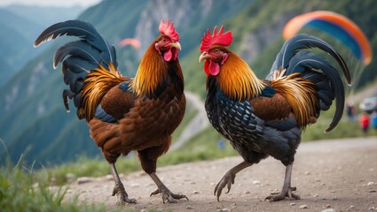 Two colorful roosters walking along a dirt path in a mountainous region, paragliders in the background