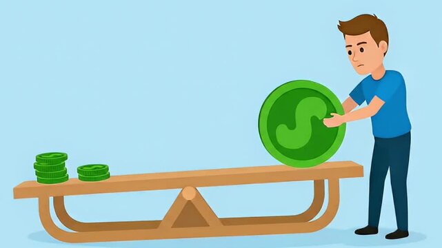 Balancing Finances-Cartoon Man with Large Coin & Seesaw-Financial Planning & Wealth Management Illustration-Investment Strategy for Success